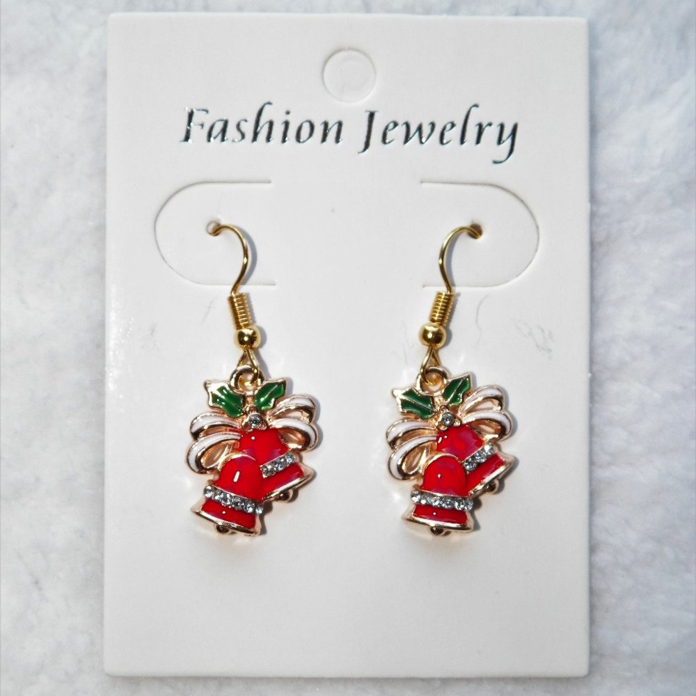Gold Christmas Bell Earrings Enamel Drop 3/4"